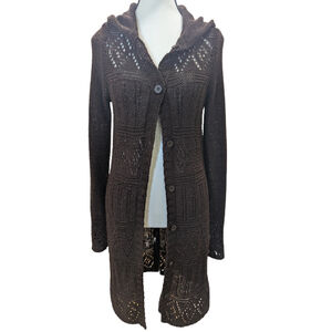 BCBG Max Azria Hooded Cardigan L Brown Open Knit Boho Duster Dark Academia Fairy